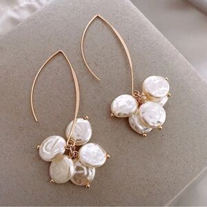 NWT CCB Gold Flat Pearl Beaded Faux Drop Dangly Threader Earrings $58 MSRP